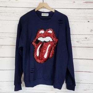 Sojara | Navy Distressed Sequin Rolling Stones Tounge Sweatshirt